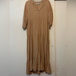 Zara beige maxi prairie dress with 3/4 sleeves.
